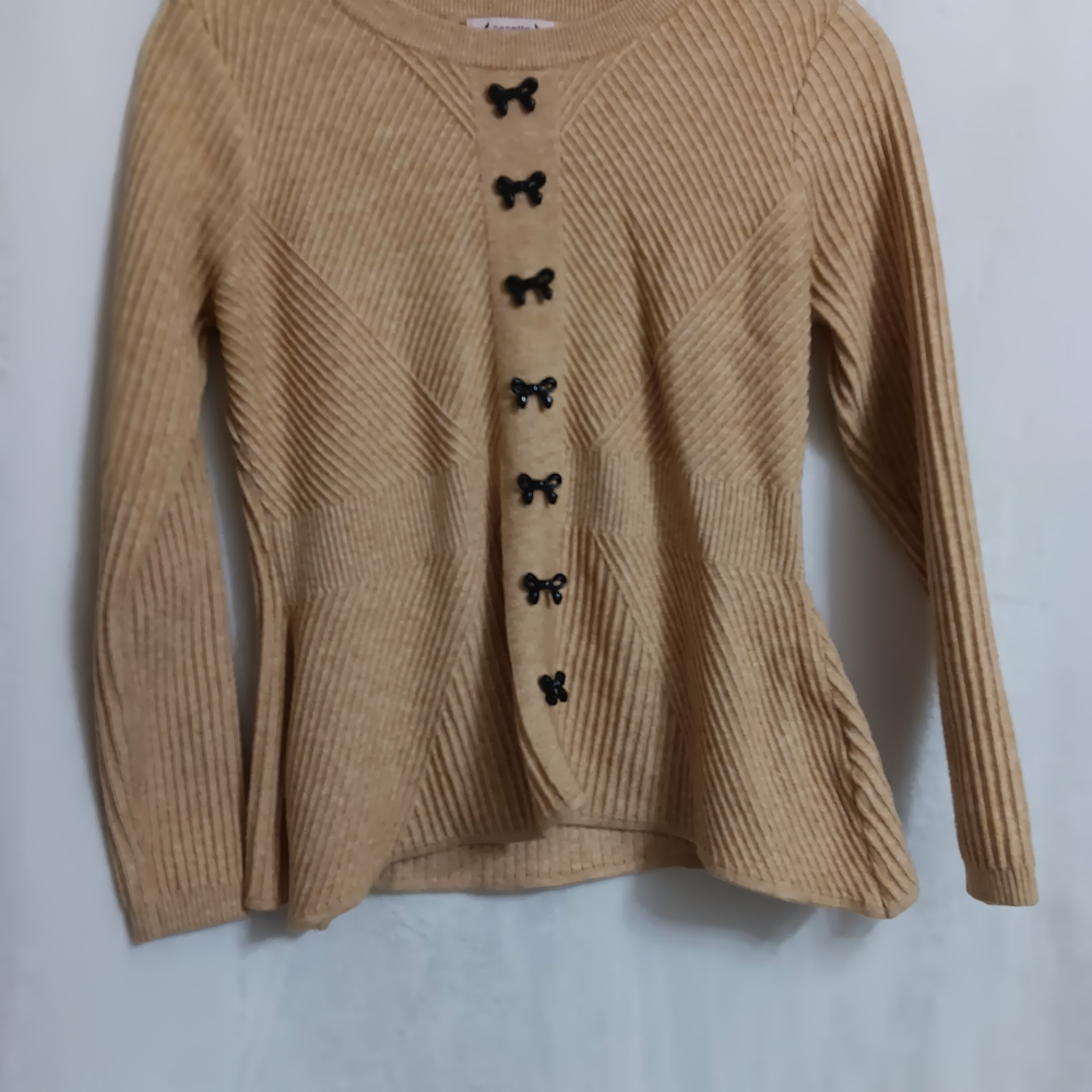 Nanette Lepore Camel Ribbed Cardigan with Butterfly Buttons